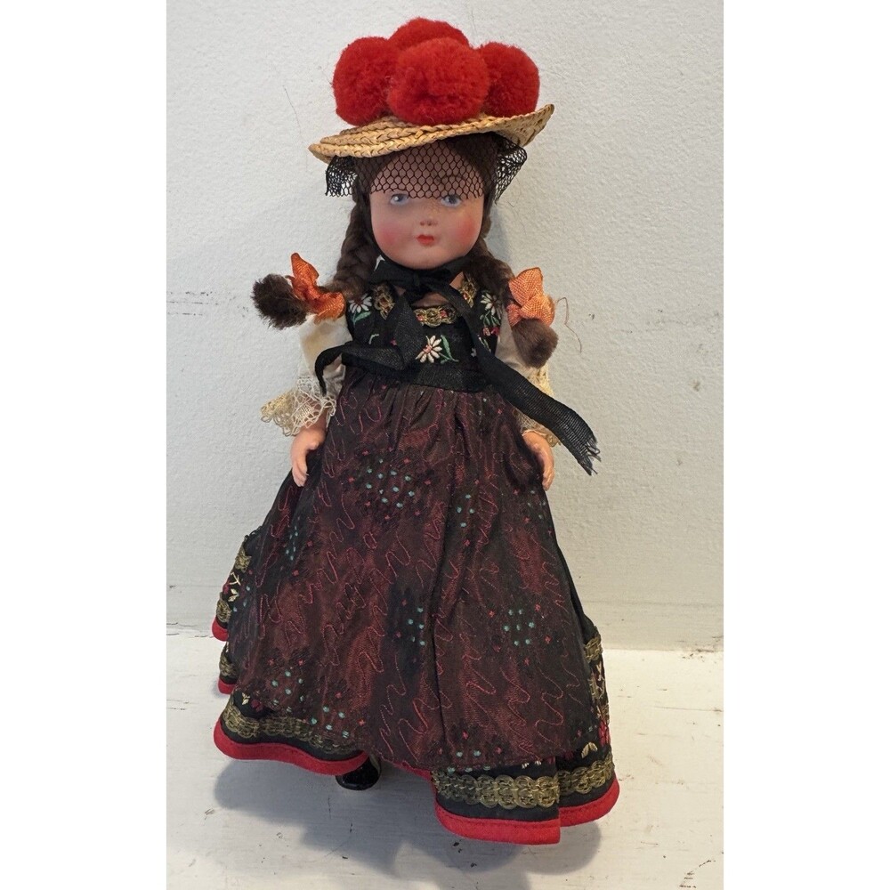Vintage Hans Volk German Doll 9" Black Forest Costume Bollenhut Red Pom Poms HV
